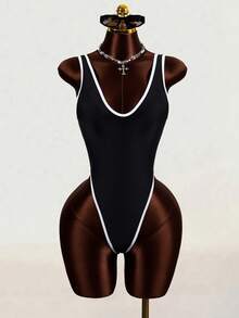 Swim SXY 1pc Women's Sexy Solid Color Deep V-Neck Backless High-Cut One-Piece Swimsuit - Black - View 8