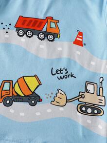 SHEIN GraphicGems 4-Piece Toddler Boys' Casual Summer Pajamas Set, Featuring Olive Green And Apricot Colors With All-Over Cartoon Car Print. This Short Sleeve Round Neck Sleepwear And Shorts Are Made Of Soft, Stretchy, Smooth Knit Material For Comfortable Skin-Friendly Nightwear And Loungewear - Multicolor - View 5