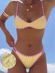 Swim Mod Bộ bikini hai mảnh gợi cảm màu vàng độc đáo, viền hồng, kiểu dáng dây mảnh, thích hợp cho kỳ nghỉ hè 2026 dành cho nữ, kiểu dáng thoải mái, dễ thương. - Màu vàng - Xem 1