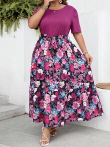 SHEIN CURVE+ Curve 尺码 US22 音乐节、海滨度假、波西米亚风夏季休闲度假印花拼接短袖连衣裙长裙 - 紫色 - 查看 7