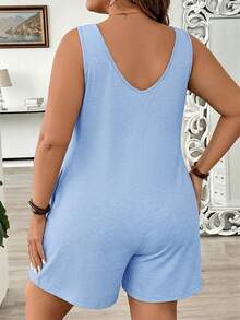 SHEIN LUNE Rompi Tanpa Lengan Kasual Wanita Ukuran Besar Warna Polos Leher Bulat dengan Kantong - Baby Blue - View 2