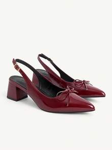CUCCOO CHICEST Women's Romantic Elegant Pointed Toe Bowknot Thick Heel Sandals, Burgundy PU Leather Open Toe Backless High Heel Shoes For Wedding, Party, Date, Versatile For All Seasons - Burgundy - View 1