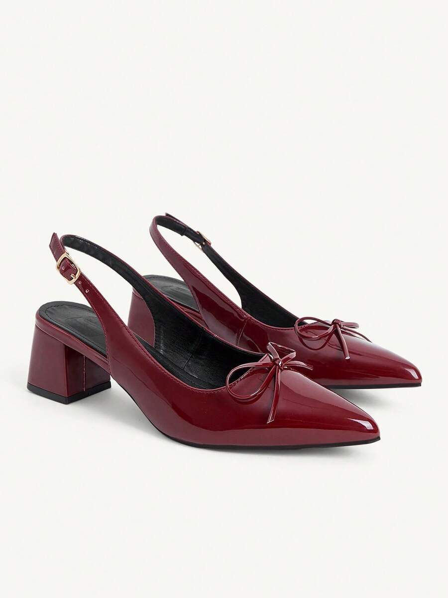 CUCCOO CHICEST Women's Romantic Elegant Pointed Toe Bowknot Thick Heel Sandals, Burgundy PU Leather Open Toe Backless High Heel Shoes For Wedding, Party, Date, Versatile For All Seasons - Burgundy - View 1