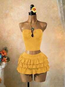 Lyxana Setelan Liburan Seksi Elegan, Atasan Model Halter Neck dengan Tali dan Rok 2 Potong - Kuning - View 5