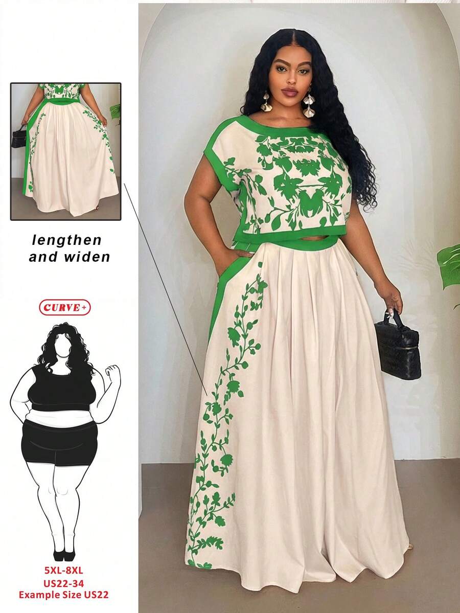 SHEIN CURVE+ 大码夏季休闲印花上衣和半裙套装 - 彩色 - 查看 1