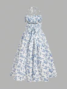SHEIN MOD Vestido de verano con estampado floral, busto fruncido y cintura con lazo para mujer talla grande - Azul y blanco - Ver 2