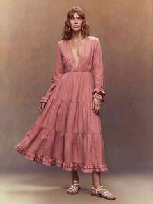 Fembélia Nuevo vestido vintage con cuello en V, cintura ceñida y volantes en el bajo - Marrón - Ver 1