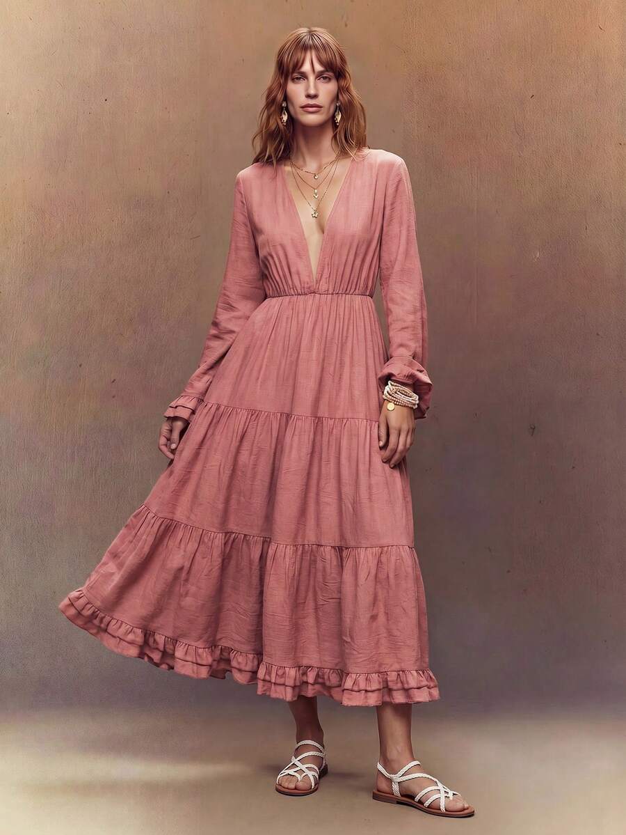 Fembélia Nuevo vestido vintage con cuello en V, cintura ceñida y volantes en el bajo - Marrón - Ver 1