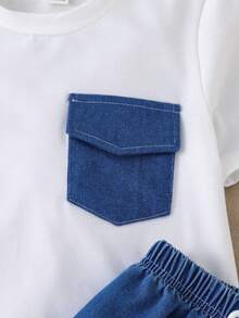 Toddler Boys' Summer 2-Piece Set,Simple White Round Neck Short Sleeve T-Shirt & Casual Denim Cargo Shorts,Versatile Outfit For Kindergarten & Outing - White - View 3