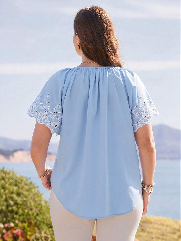 Plus Size Women Hollow Out Embroidery Blouse, Casual Holiday Wear
