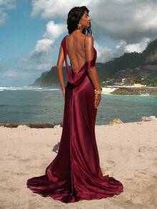 Opulessa Woven Solid Color Maxi Backless Dress For Women - Burgundy - View 3