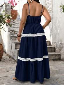 Tall Vestido sin mangas con cuello en V para mujer talla grande, versátil y de moda con ribete de encaje, de alta calidad y estilizador, adecuado para primavera/verano, uso casual y vacaciones - Azul 2 - Ver 2