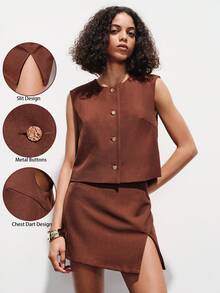 Lumivelle Conjunto de top sin mangas de cuello redondo holgado con botones metálicos y pantalones/falda de cintura media para mujer, adecuado para mujeres, con estilo urbano moderno, para uso diario, elegante atuendo casual de negocios para fiestas - Marrón - Ver 1