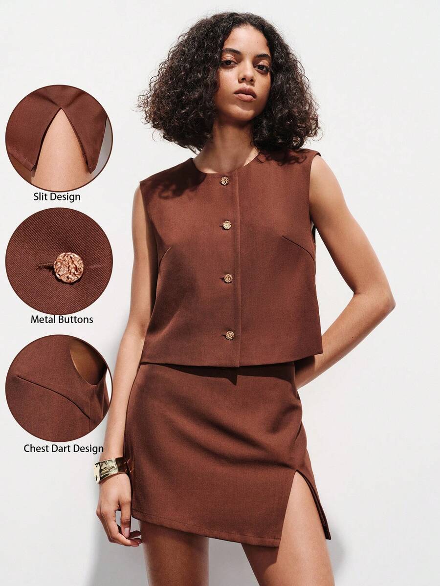 Lumivelle Conjunto de top sin mangas de cuello redondo holgado con botones metálicos y pantalones/falda de cintura media para mujer, adecuado para mujeres, con estilo urbano moderno, para uso diario, elegante atuendo casual de negocios para fiestas - Marrón - Ver 1