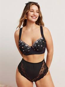 Elorette 1pc Plus Size Black Underwire Lace Bra, Comfortable Supportive Wide Strap Bra - Black - View 3