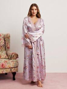 Elorette Set Piyama Satin Motif Bunga Romantis dengan Hiasan Renda dan Model Camisole - MultiWarna - View 7