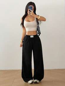 SHEIN EZwear Quần nữ màu đen dệt kim, cạp chun, kiểu dáng thường ngày - màu đen - Xem 3