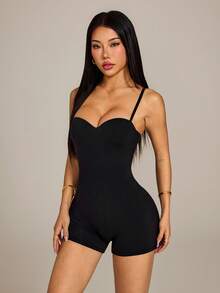 SHEIN PETITE Women's Solid Color Fitted Romper ,Petite Women - Black - View 3
