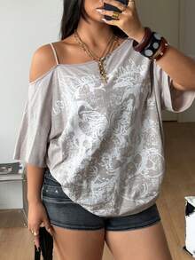 Coolane Áo thun nữ cỡ lớn mùa xuân/hè kiểu dáng Y2K Hip-Hop vintage streetwear dệt kim họa tiết số và ngôi sao, co giãn, thoải mái, cổ bất đối xứng, màu xanh navy, tay ngắn, kiểu dáng rộng rãi, thích hợp cho lễ hội âm nhạc, áo trễ vai. - Màu be - Xem 3
