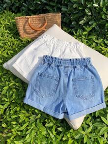 SHEIN Bộ 2 chiếc quần short denim dáng rộng, màu xanh trắng, thêu hoa cúc, cạp chun xếp ly dành cho bé gái. - Xanh và trắng - Xem 2