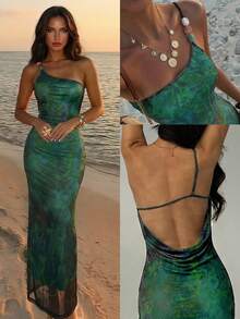 Aloruh Vestido ajustado sin mangas con estampado de teñido anudado para mujer - Verde - Ver 3