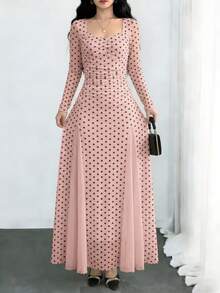 Modelyn Apricot Polka Dot Mesh Ruffle Long Sleeve Contrast Mesh Back Tie Elegant Midi Dress For Women - Pink - View 3