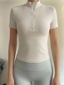 DAZY 女士休闲日常通勤简约纯色半拉链修身T恤，夏季 - 杏色 - 查看 5