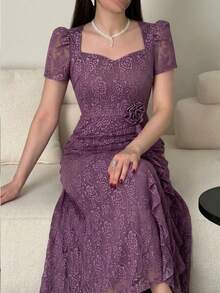 Feyla New Lace Waist Ruffle Floral Cinched Waist Elegant High-End Party Dress - Purple - View 2