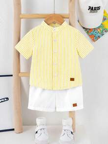 SHEIN 2pcs/Set Baby Boy Comfortable Casual Versatile Yellow Striped Collared Short Sleeve Shirt And White Shorts Set, Suitable For Indoor, Outdoor, Daily, Sports, Play, Party, Photo Shoot, Holiday, Festival - Yellow - View 5