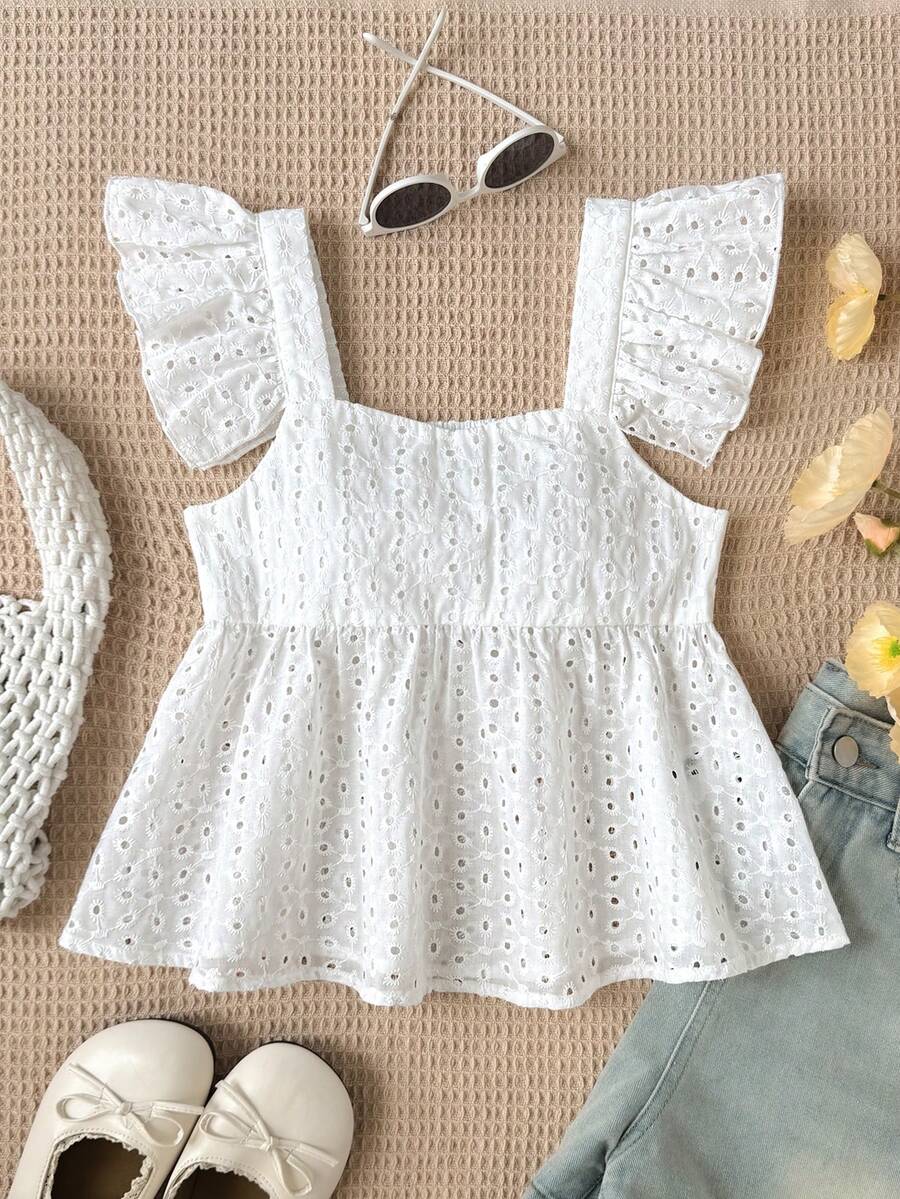 SHEIN 少女款彼得潘领花瓣袖短款上衣 - 白色 - 查看 1