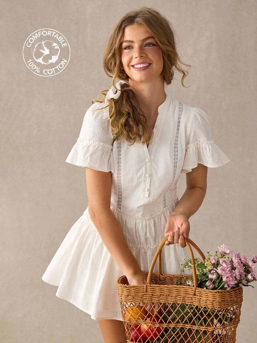 WESTFADE Vestido mini con volantes, ajuste de cintura baja y botones delanteros - Blanco - Ver 1