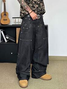 STEELVANCE Jeans casuales rectos y anchos de moda callejera retro para hombres, con diseño de remaches y ojales, de bolsillos múltiples y versátiles - Negro - Ver 4