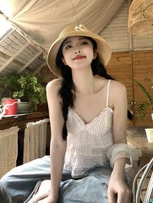 DAZY 女士波点吊带休闲荷叶边下摆度假背心 - 白色 - 查看 3