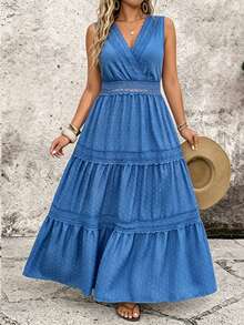 Breezaya Falda con volantes y encaje en escote en V de talla grande, vestido de burbuja casual de vacaciones con estampado de lunares jacquard de índigo azul vaquero de aspecto de mezclilla - Azul - Ver 3