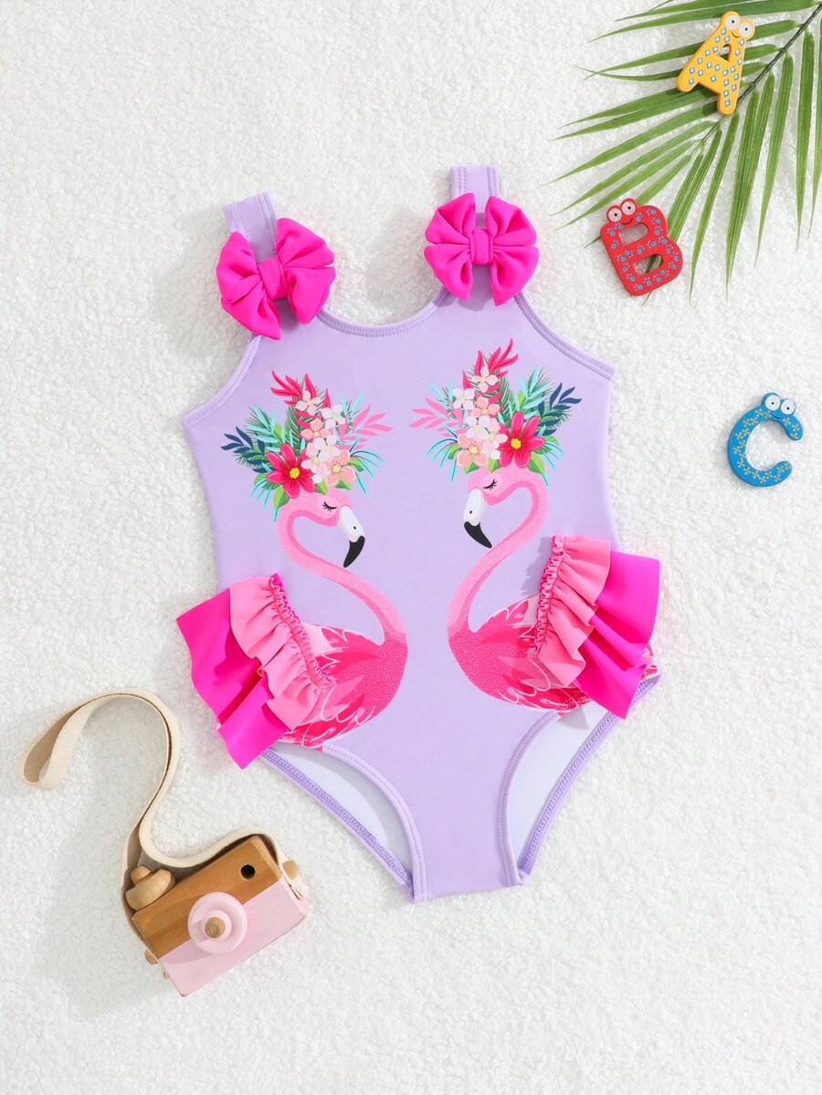 Baby Girl Flamingo Print Bow Decor One-Piece Swimsuit - Mauve Purple - View 1