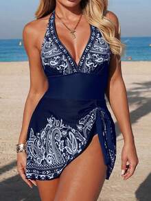 Swim Lushoire Women's Printed Halter Tie Front One-Piece Swimdress - Blue - View 8
