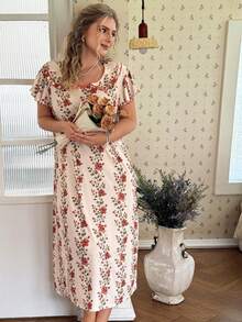 CottageSlumber Plus Size Women's Casual Floral Print Double Ruffle Collar Long Nightgown - Multicolor - View 1