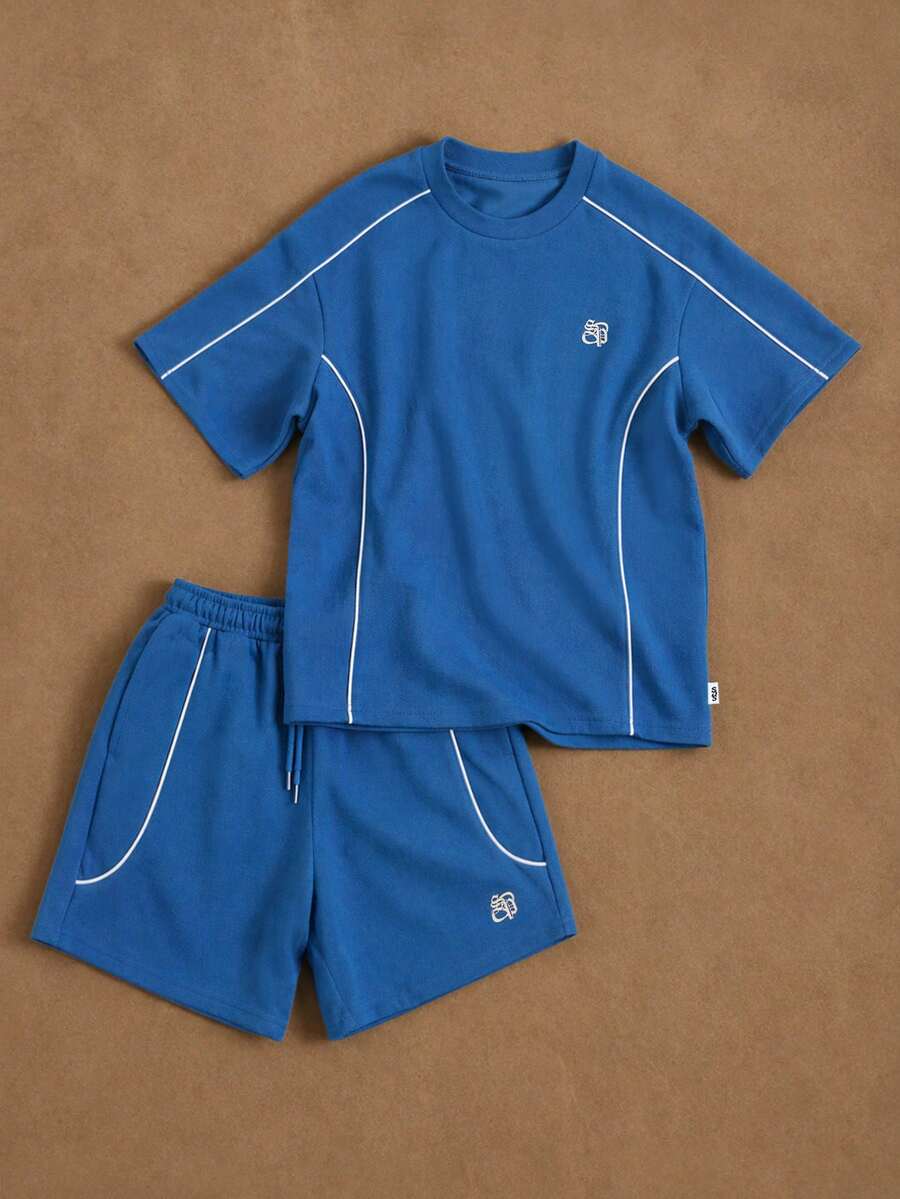 SUMWON 男童钴蓝色撞色白色滚边T恤短裤套装,圆领短袖,休闲夏季玩耍装 - 藍色 - 查看 1