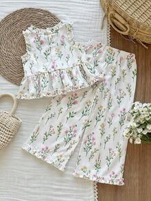 SHEIN Vintaside Kids 少女夏季色彩缤纷、甜美清新的花卉图案无袖背心搭配长裤套装，优雅的荷叶边装饰，适合日常外出、休闲聚会、朋友聚会和度假旅行。 - 白色 - 查看 2