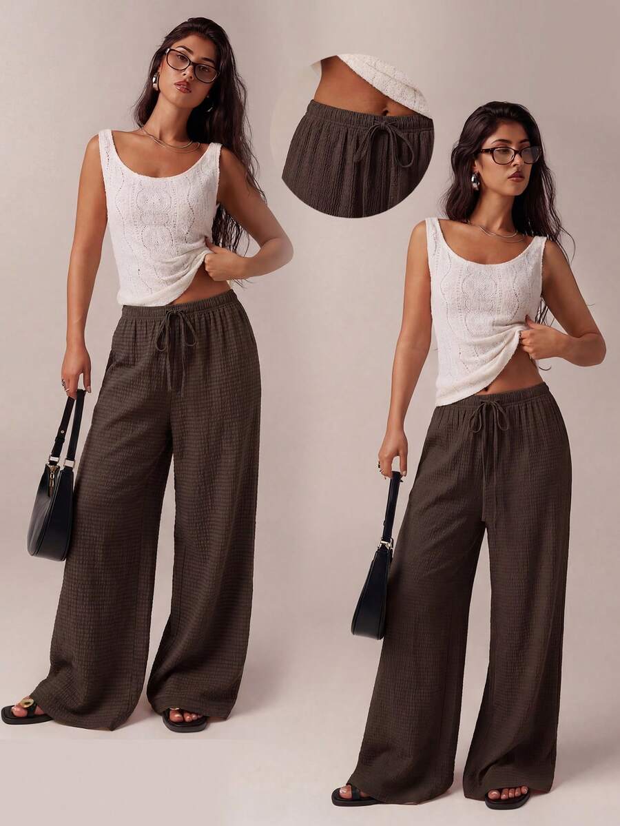 SHEIN Tall CURVE Quần dài nữ cỡ lớn màu trơn, cạp chun, kiểu dáng thường ngày, đa năng. - màu nâu - Xem 1