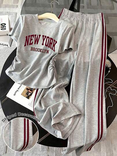 Aidyla Conjunto Casual Feminino de Top com Estampa de Letra e Calça de Moletom com Listras Laterais