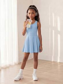 SHEIN Tween Girl Young Girls' Blue Sports Dress,Autumn Winter Casual Tennis Outfit Soft Stretchy Fabric For Exercise,Dance Practice Or Daily Play, Fall, Gym - Baby Blue - View 3