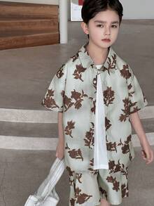 Dazy Kids 超大号衬衫领印花酷炫套装，适合青少年男孩夏季穿着 - 淺灰色 - 查看 3