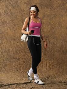 VARSIVA Fashionable And Simple Yoga Black And White Contrast Square Neck Spaghetti Strap Women's Sports T-Shirt & Vest - Hot Pink - View 4