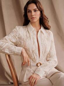 Anewsta Blusa de manga larga elegante y delicada con bordado jacquard para mujer - Albaricoque - Ver 3