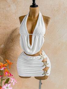 Conjunto de 2 piezas con top de cuello en V profundo sólido y minifalda con decoración de estrella de mar de metal para mujer - Multicolor - Ver 4