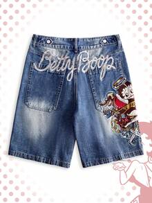 ROMWE MEN Betty Boop | ROMWE Short en jean polyvalent et décontracté pour hommes avec broderie d'ange et poche - Bleu azur - Voir 1