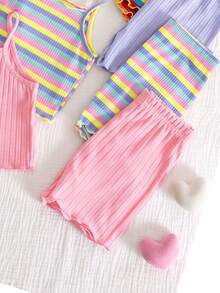 SHEIN 8pcs Young Girl Knitted Solid Striped Casual Camisole And Shorts Set - Multicolor - View 7