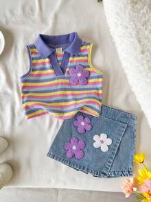 SHEIN Vintaside Kids 女嬰可愛夏季紫色多彩條紋無袖 Polo 衫，配 3D 花卉裝飾與牛仔裙褲，寬鬆版型，適合家庭穿搭休閒旅行 - 紫色 - 查看 4