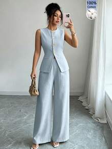 SHEIN Raffinéa Bộ vest nữ thanh lịch kiểu Pháp, thích hợp cho kỳ nghỉ và đi làm, họa tiết hoa vàng, cài khuy. - Màu xanh lam - Xem 1
